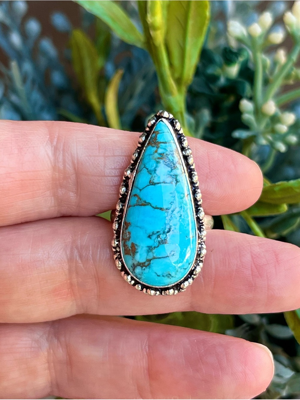 Teardrop Natural Turquoise Sterling Silver Ring Sz 7.5